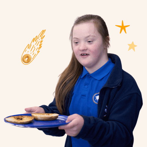 Image of child eating breakfast at a Magic Breakfast partner school in Nourishing Futures branding.