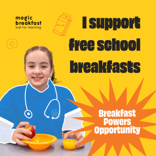 Poster of a female student with a doctors clothing and stethoscope superimposed on top of her to link the important of breakfast and education outcomes.
