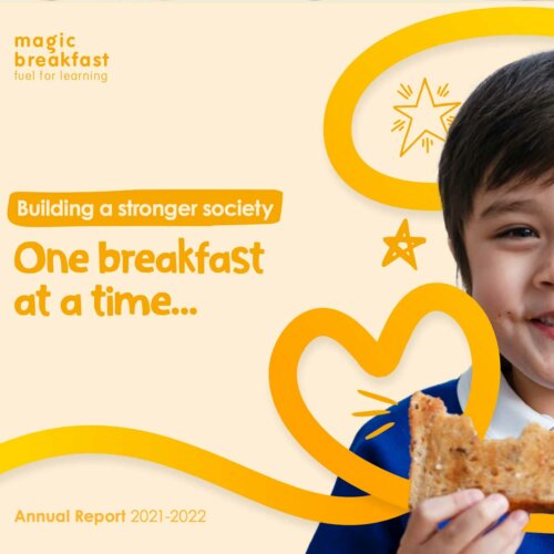 A social media image for the 2021-2022 Annual Report showing a child eating toast