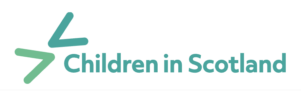 A turqouise logo for 'Children in Scotland'