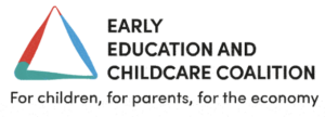 Brand logo for Early Education & Childcare Coalition with coloured triangle as the brand logo.