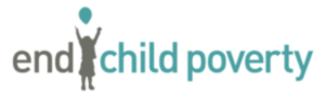 End Child Poverty Logo, with child throwing a balloon in air.