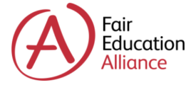 A red and black brand logo for Fair Education Alliance