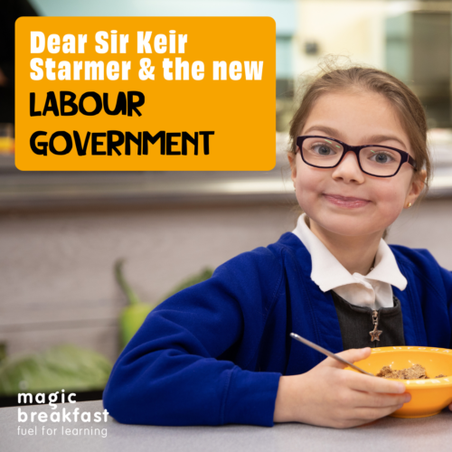 An image of a school child wearing glasses and eating cereal. The call out says 'Dear Sir Keir Starmer & the new labour government'
