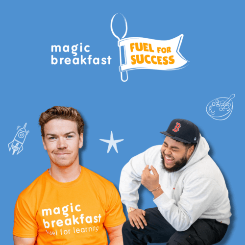 A poster of Big Zuu and Will Poulter on a blue background in support of Magic Breakfast