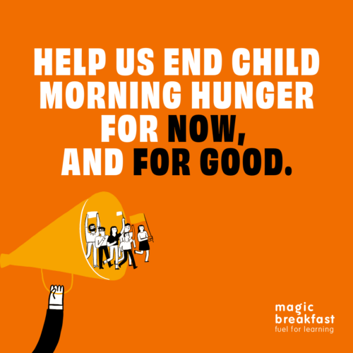 A poster with an orange background and text in support of ending child morning hunger