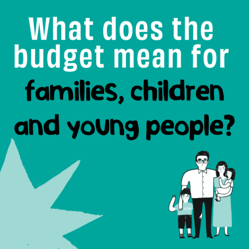 Graphic/drawing of a young family with the caption: What does the budget mean for families, children and young people.