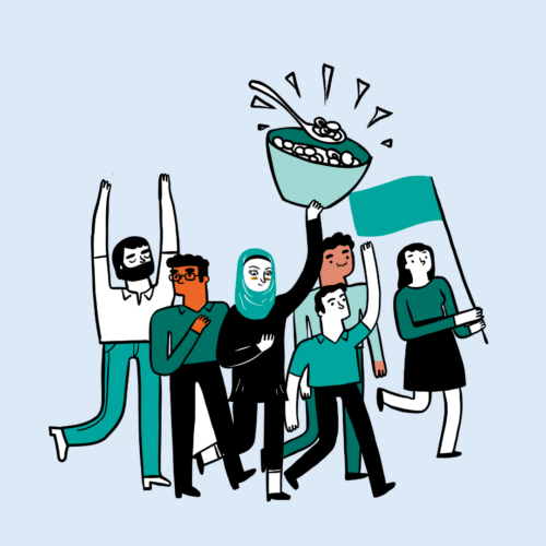 A poster of a group of cartoon people in aid of Magic Breakfast's Challenge Yourself