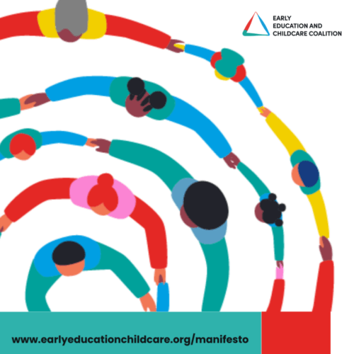 A poster from Early Education and Childcare Coalition with cartoon people arm in arm