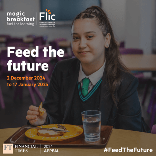 A tile featuring Magic Breakfast and Flic's logos, advertising our joint 'Feed the future' campaign, running from December 2024 to January 2025