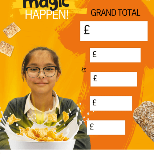 A fundraising form that shows the image of young girl in a school uniform with a bowl of cereal in front of her. The form captures donation amounts.