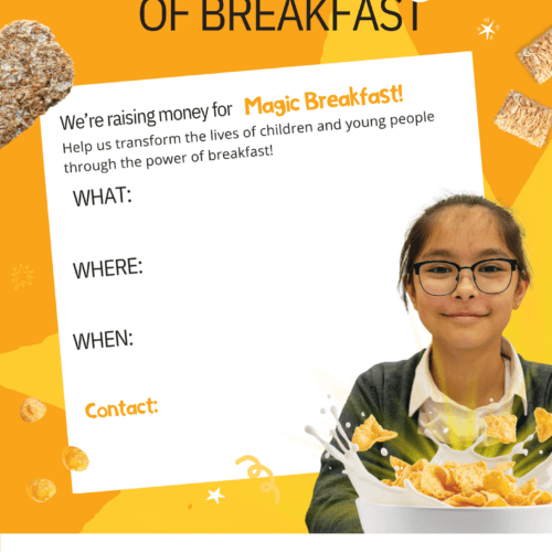 A Fundraising form for Magic Breakfast with an image of a smiling child in school uniform with a bowl of cereal in front of her. The form captures the key contact information for raising money.