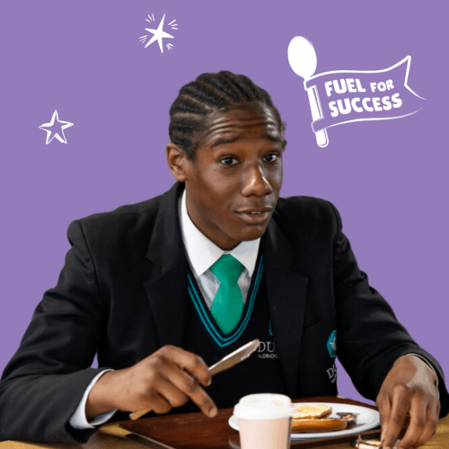 Image of a secondary school pupil and Magic Breakfast's Fuel For Success logo.