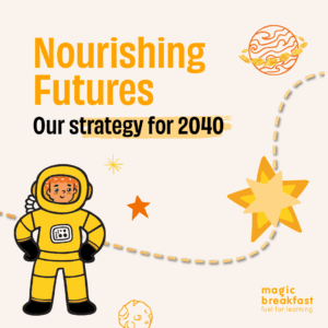Image of tile with Magic Breakfast's Nourishing Futures branding, reading 'Our strategy for 2040'