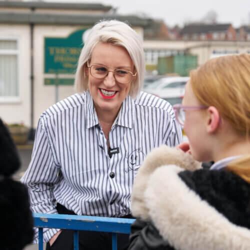 Magic Breakfast celebrity supporter, Steph McGovern, at a breakfast club visit at the school gates.