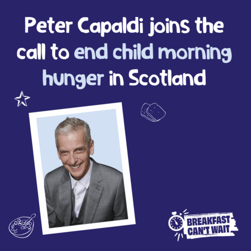 Magic Breakfast branded tile with a photo of actor Peter Capaldi, reading: 'Peter Capaldi joins the call to end child morning hunger in Scotland'