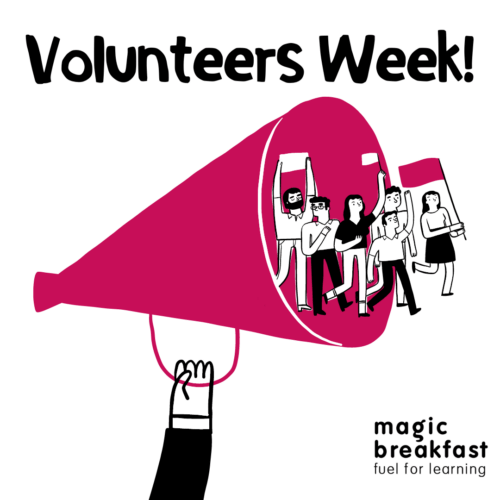 A poster of a group of people marching with flags advertising Volunteers Week for Magic Breakfast
