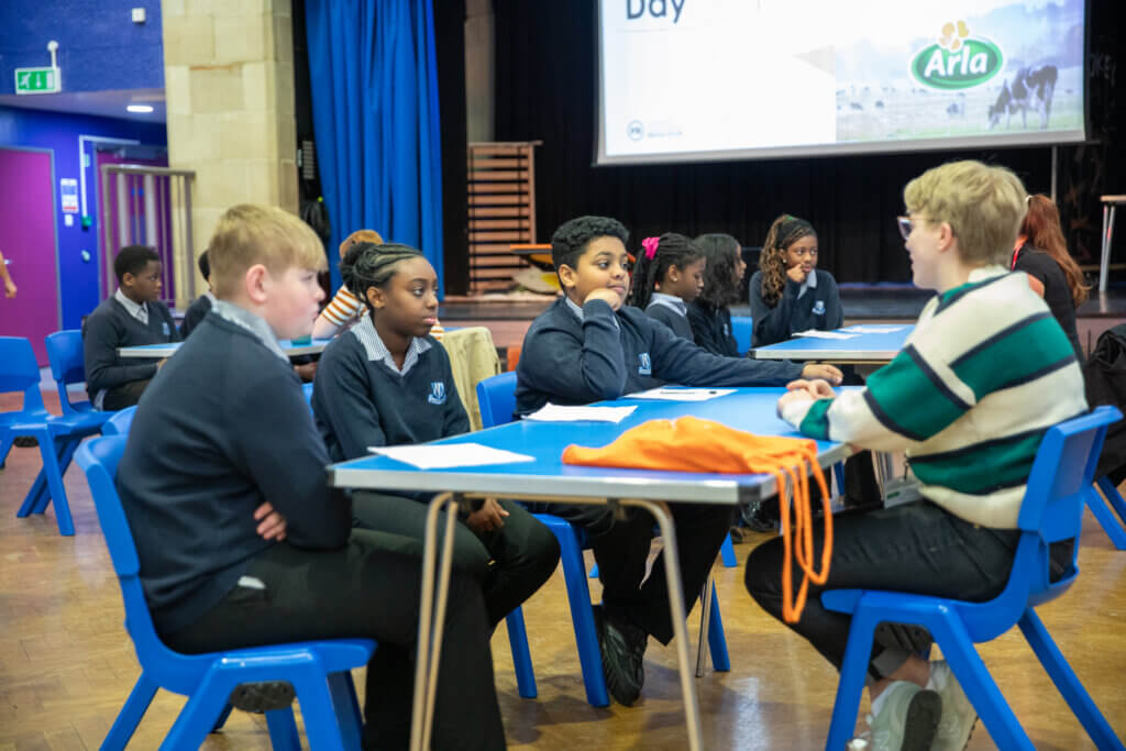 Image of children and young people talking to a partner staff member at a Magic Breakfast Aspiration Day.