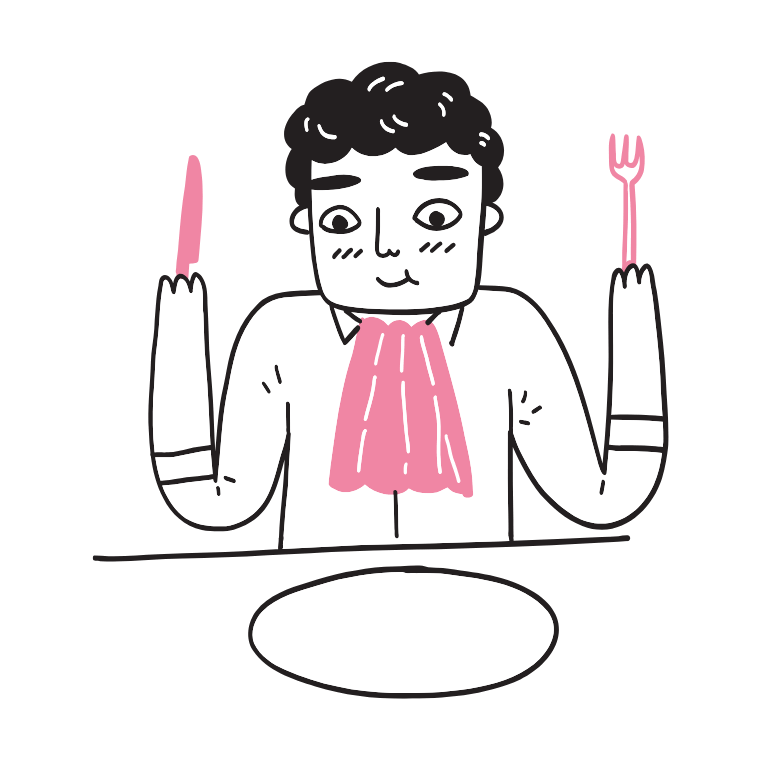 An illustrated person sits in front of a plate, with knife and form raised, ready to eat