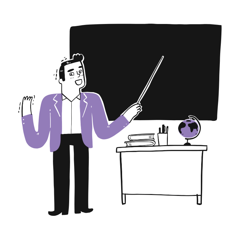 An illustrated teacher points at a chalkboard 