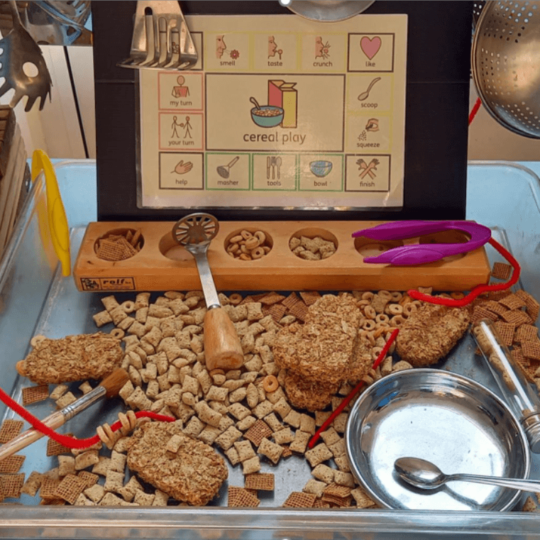 A sensory play experience featuring breakfast cereal 