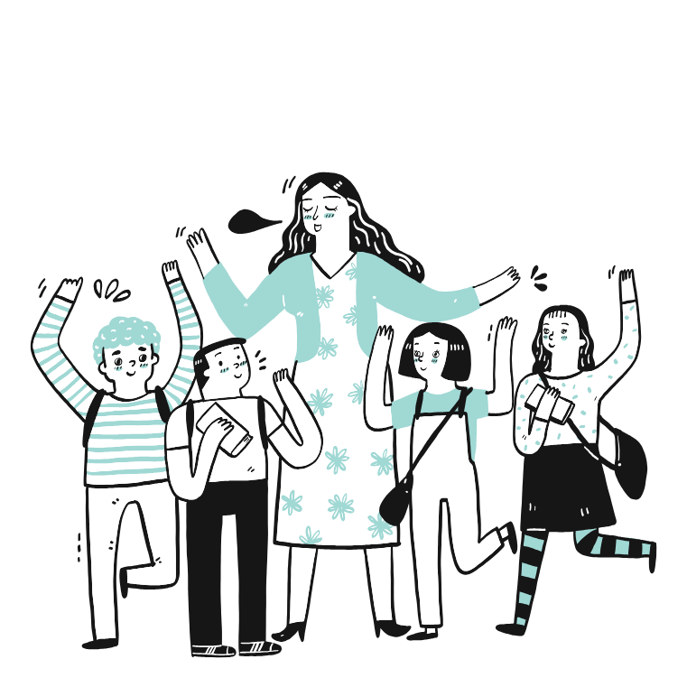 An illustrated group of learners gather around their teacher excitedly