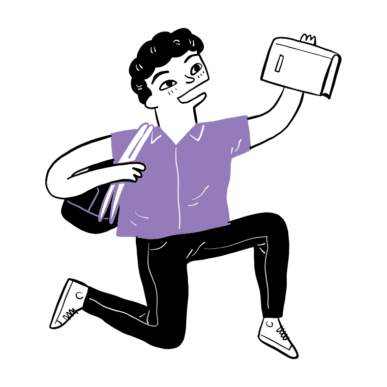 An illustrated school pupil jumps in the air with a smile