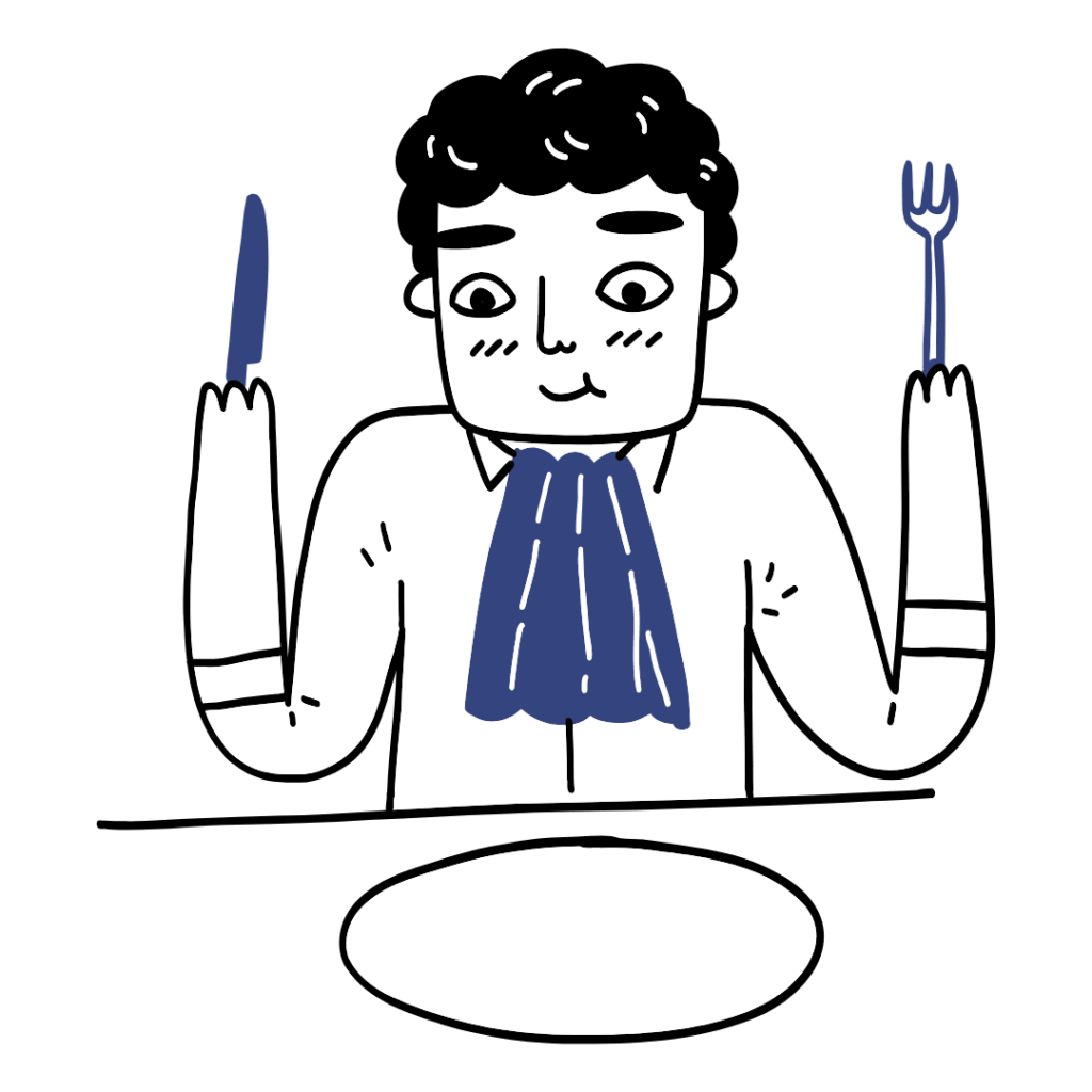 An illustration of a person tucking into breakfast, their napkin tucked into their shirt and their cutlery held ready in the air