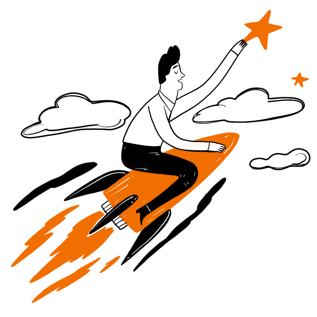 An illustrated rocket shoots into the air, as the person sitting astride it reaches to grab a star