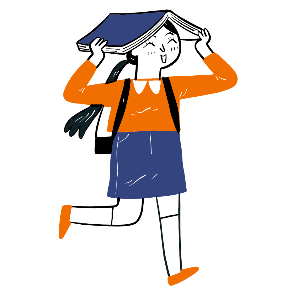 An illustrated school child smiles as they walk along with their book on their head, as is using it to keep off the rain